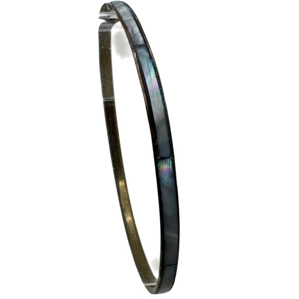 Vintage Boho Chic Mother Of Pearl Inlay Bangle Bracelet Iridescent Minimalist